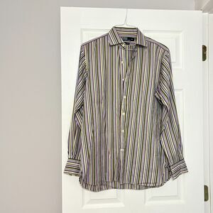 Polo Ralph Lauren Shirt Mens 15 1/2 Purple/Green Stripe Lg Sleeve Made In Italy